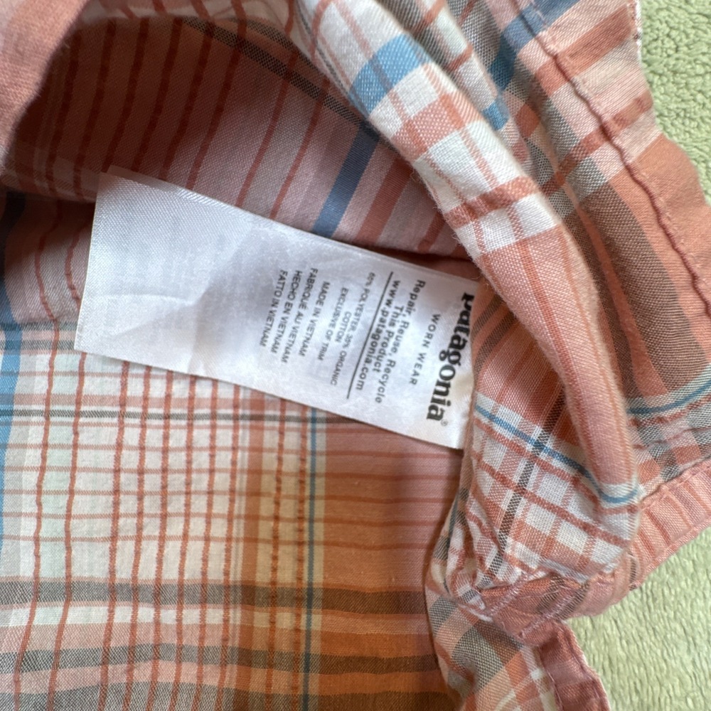 M's Puckerwear Patagonia A/C short sleeve shirt L organic red/orange Blue plaid - Picture 9 of 10
